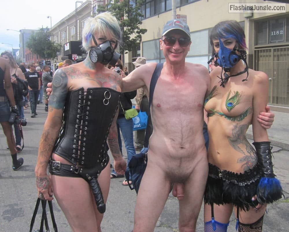 Real Amateurs Public Nudity Pics  : Naked man, flasher exhibitionist Brucie caught exposing his penis nude in public with sexy BDSM girls, MILF, San Francisco Folsom Street Fair, amateur public CFNM cfnm public real pics exhibition cfnm girls taking pictures with nude man in street mom...