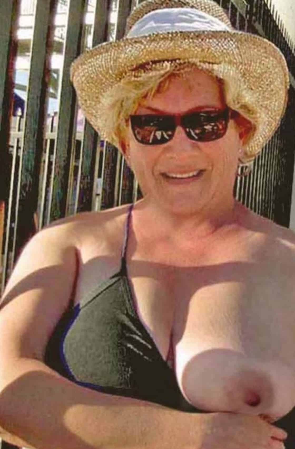 Boobs Flash Pics: Mature natural grandmother Mature grandmother in public flashing one natural boob for husband and his best friend.