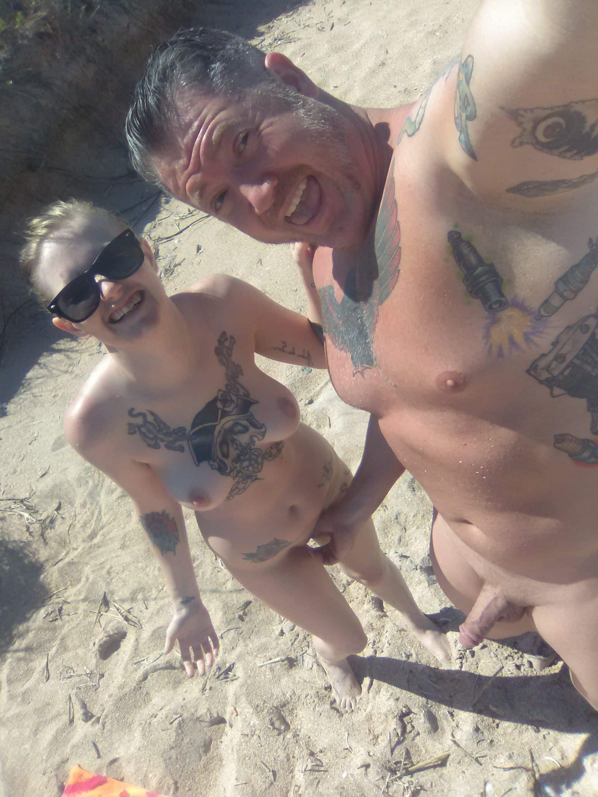 selfie vagina of a teenager - Tattooed exhibionist couple Outdoor selfie Beach days selfies - Nude Beach Pics