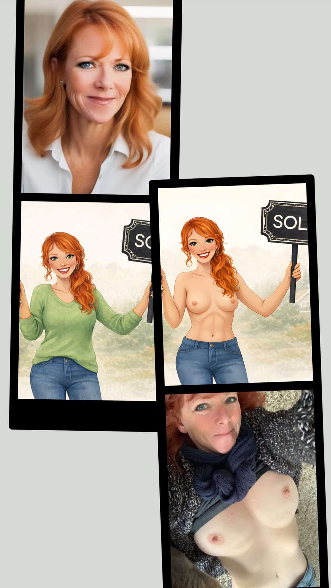 Boobs Flash Pics: Real Estate GILF Flashes Her Assets Real estate GILF showcases her assets in a mix of real and illustrated photos, blending professional and playful themes with partial nudity.