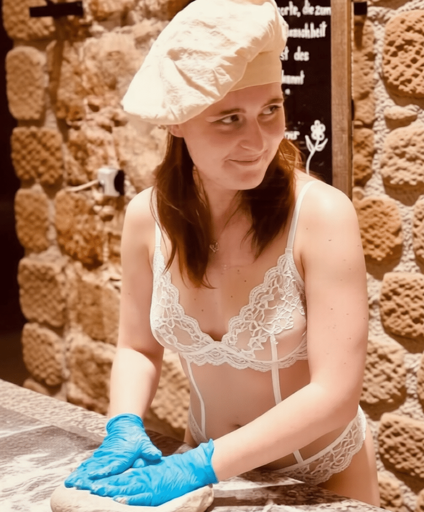 Hotwife Pics: Chef’s Delight: Ronja Wolf’s Lingerie Tease in the Kitchen Ronja Wolf poses in a kitchen setting, wearing sheer white lace lingerie and a chef's hat, exuding a playful, slightly horny vibe. Her blue latex gloves and ...