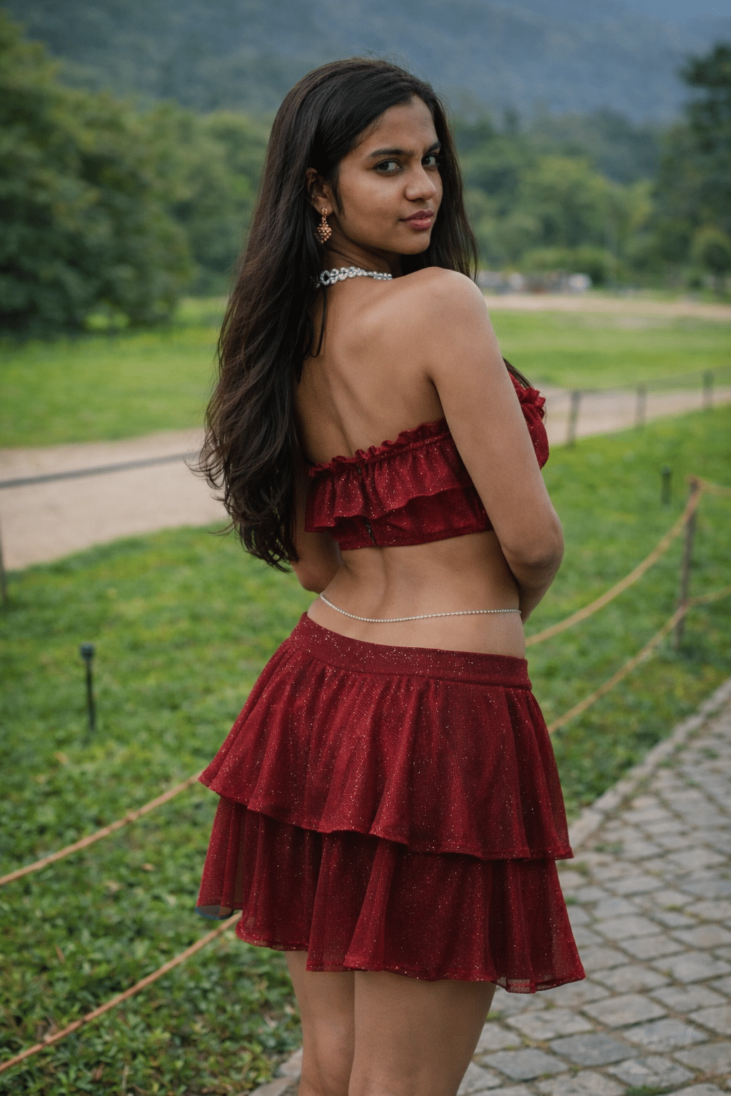 Real Amateurs: Grassy Path Voyeur: Teen Flashing A South Asian woman in a ruffled red mini skirt and strapless top is captured on a grassy path, her back turned, looking over her shoulder at the camera. Her...