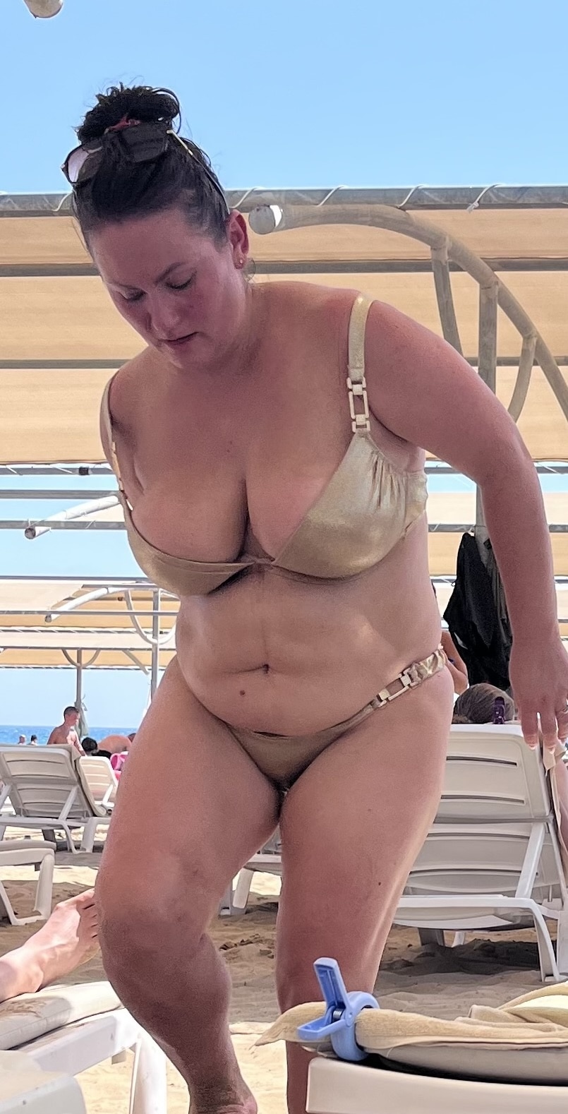 sexy boob poto - Beach MILF in Metallic Bikini: Sunny Day Flash Curvy MILF in metallic bikini stands under beach canopy, big boobs and thick thighs visible. Neutral expression, no sexual activity. - Boobs Flash Pics